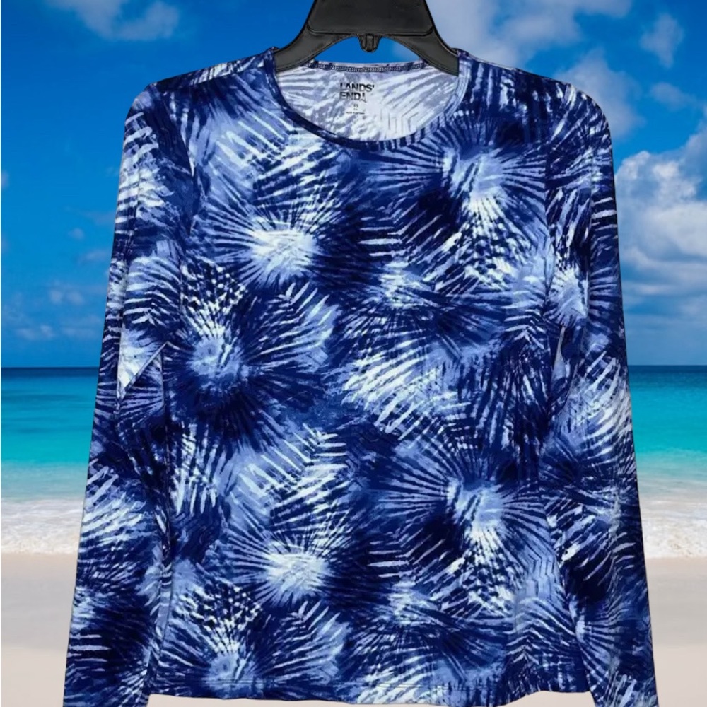 Lands End women’s long sleeve rash guard shirt royal blue tropical $60 UPF50 new